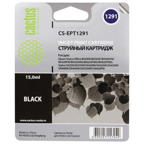 Картридж струйный Epson (C13T12914011/21) Stylus B42WD/BX305W/BX625WD и другие, черный, Cactus совместимый, CS-EPT1291