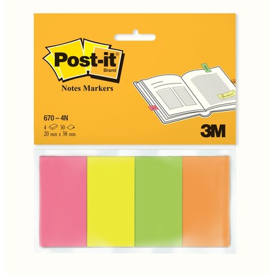 Клейкие закладки бум. 4 цв.по 50л. неон 20х38мм Post-it '670/4N