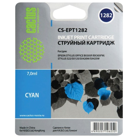 Картридж струйный Epson (C13T12824011) Stylus S22/SX125/SX420W/BX305F и другие, голубой, Cactus совместимый, CS-EPT1282