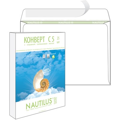 Конверты Nautilus,ЭКО, С5(162х229мм), стрип,80г, 25шт/уп